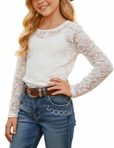Girls Lace Long Sleeve Sheer Blouse Cute Crew Neck Mesh Soft Layering Tee Shirts Blouse Top, White, 4-5 Years