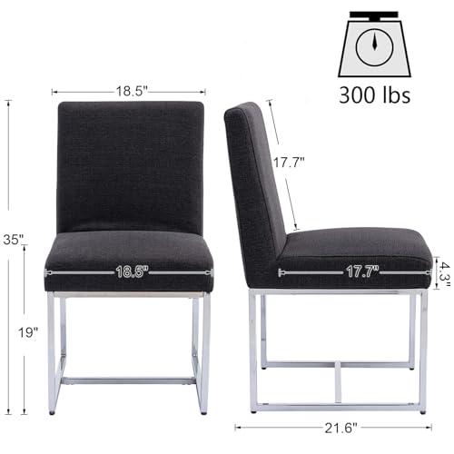 Image of HNY Modern Dining Chairs Set of 4, Upholstered Linen Dining Room Chairs with Ergonomic Back & Polished Silver Metal Frame for Home, Kitchen, Apartment, Charcoal Black