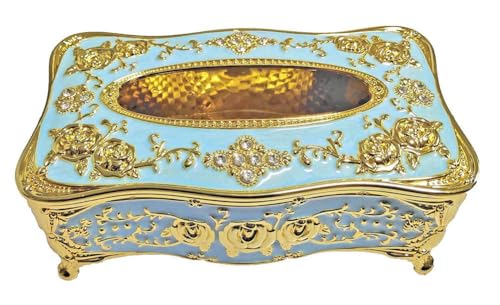 Image of Napkin Holder for Dining Table - Tabletop Napkin Dispenser, Tissue Paper Container for Kitchen, Home, Office, Restaurant (White, Gold) (Sky Blue-Gold)