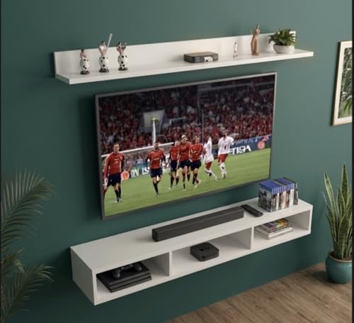 Image of Bros Moon Engineered Wood, Wall Mounted TV Cabinet, Frosty White, Modern Style, Laminated Finish, for Living Room, Suits TV up to 55 Inches (Frosty White, Parallel Roof Top 48 Inches)