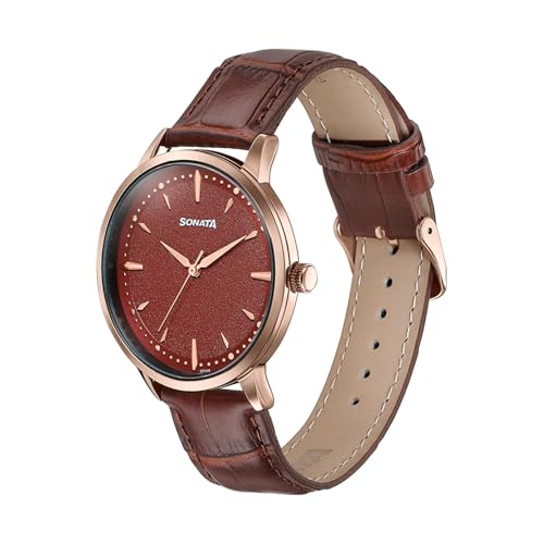 Image of Sonata Jashn with Quartz Analog Red Dial Brown Leather Strap Men's Wedding Watch - 77208WL01