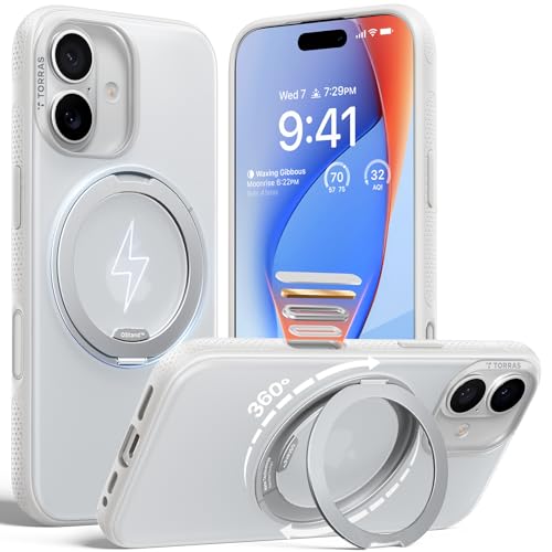 TORRAS iPhone 17 用ケース 【カチカチ・多機能360度回転スタンド】リング Ostand O3 Fitness MagSafe対応 米軍MIL規格耐衝撃 スタンド 指紋防止 黄変防止 カメラコントロールボタン付き ストラップホール 半透明 撮影/動画視聴/日常の記録 手のひらサイズの映像革命 ホワイト