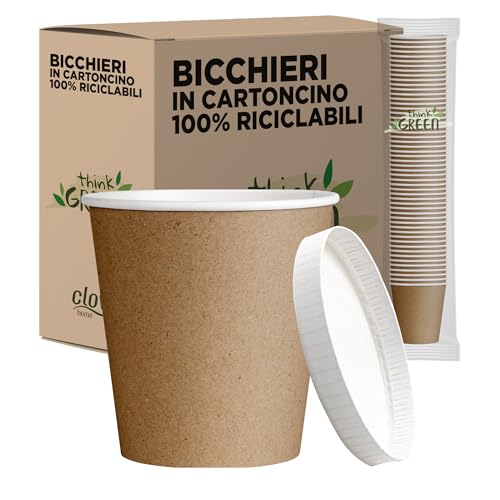 cubex professional 500 Bicchieri in Carta da 75 ML Avana + 500 Coperchi da 75 ML, per Caffè, Acqua, Bevande Calde e Fredde, 100% Riciclabili