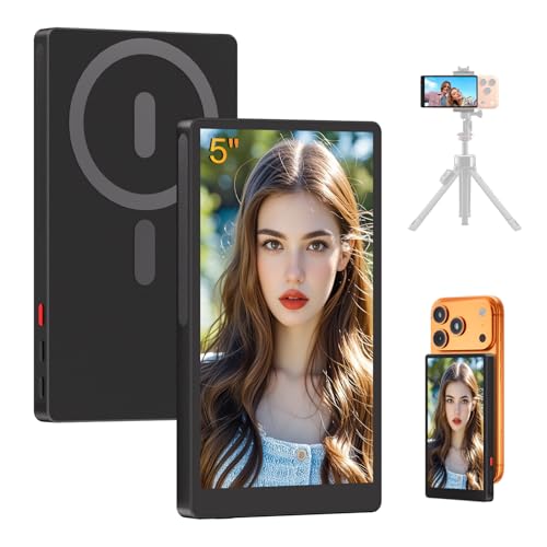5 Selfie Monitor Screen iPhone 17 1080P Wireless Screen Mirroring Back Camera Monitor iPhone Magnetic Selfie Screen with Headphone Jack 2600mAh 100ft Remote for Vlog Snaplylens for iPhone Android