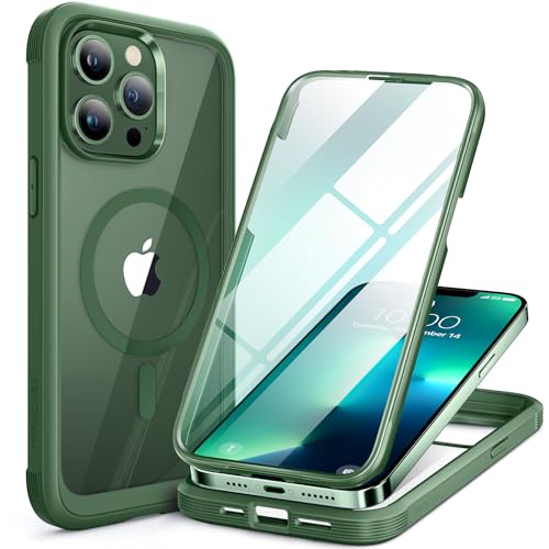 Image of Miracase Magnetic for iPhone 13 Pro Max Case 6.7 inch, (Compatible with MagSafe) Upgrade Full-Body Clear Phone Bumper Case with Built-in 9H Tempered Glass Screen Protector, Magnetic Acacia Green
