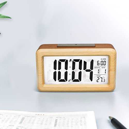 Everwood Alarm Clock Battery Operated, Wooden Lcd Digital Clock With Smart Sensor Night Light, Temperature Detect, Snooze Function, Clock For Bedroom, Bedside, Desk #TOP6