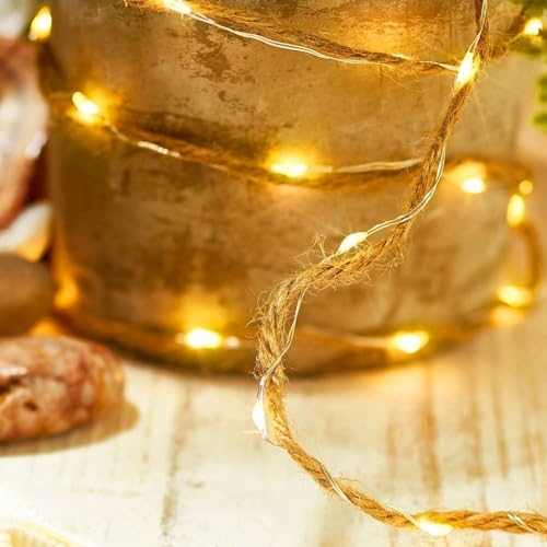 ANTEVIA - Corde lumineuse décorative en jute 200cm avec 40 LED Blanc chaud | PLUS DE 10 MODÈLES |Guirlande | Couleur: Brun marron (Bora S)