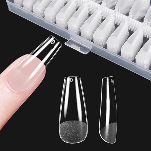 Kawyehu Ataúd largo uñas puntas 240 piezas Full Cover Nail Tips uñas postizas 10 tamaños uñas artificiales para pegar PMMA Consejos pre-buffed para arte de uñas L