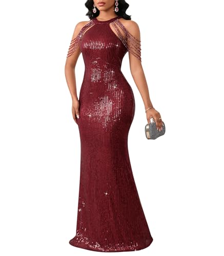 Image of Cololura Women Sexy Elegant Sequin Tassel Off Shoulder Halter Bodycon Maxi Dress Party Evening Gown Formal Dress