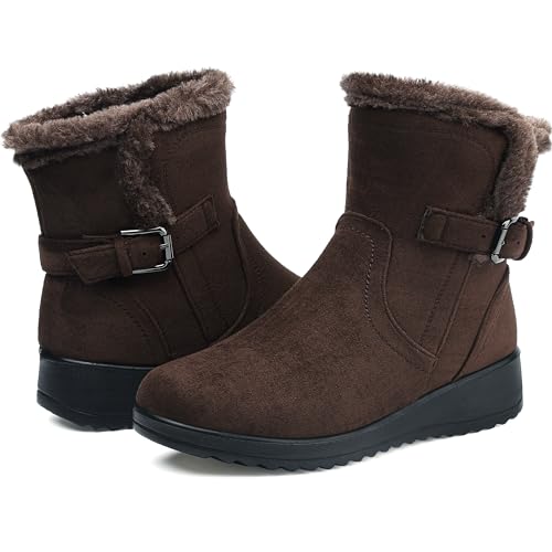 Womens Winter Snow Boots With Leather Comfortable Warm Fur Lining Zipper Ankle Booties Outdoor Platform Waterproof Walking Boots for Women Brown Suede Size 9