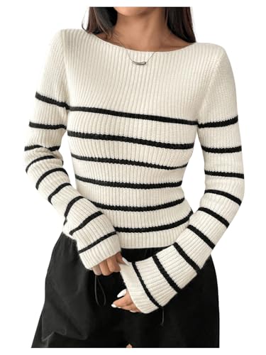 Verdusa Women's Striped Sweaters Fall Outfits Long Sleeve Boat Neck Knitted Pullover Crop Tops