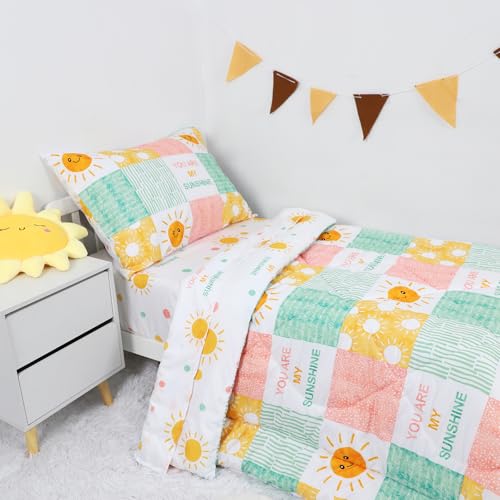 Image of SWESEN Toddler Bedding Set for Boys Girls, Your are My Sunshine Girls Bedding Set, Soft & Lightweight 4 Piece Toddler Comforter Sets Include Comforter, Flat Sheet, Fitted Sheet, Pillowcase