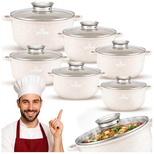 Beige Töpfe mit Marmor-Keramik-Beschichtung 12-tlg Induktion | induktions Töpfe Set, Kochtöpfe, Töpfe Induktion | Kochgeschirr Set, Topfset induktionsgeeignet