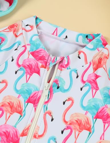 Puseky Newborn Baby Girls One Piece Swimsuit Zip Rash Guard With Hat Set Long Sleeve Baby Girl Flamingos Bathing Suit 12-18 Months thumb #3