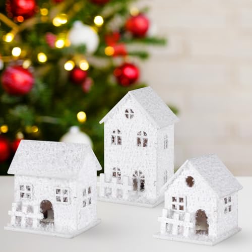 TOYANDONA Christmas Village Houses White, 3Pcs LED Lighted Christmas Village Houses Wooden Xmas Snow s for Tabletop Mantle Decor Collectible Buildings - Image 6