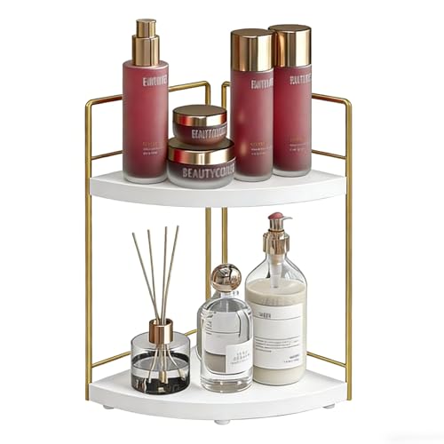 Image of Bathroom Countertop Organizer, 2 Tier Wood Bathroom Counter Organizer, Vanity Organizers Corner Shelf for Makeup, Perfume, Skincare,Bedroom and Kitchen Storage (2 Tier,White and Gold)
