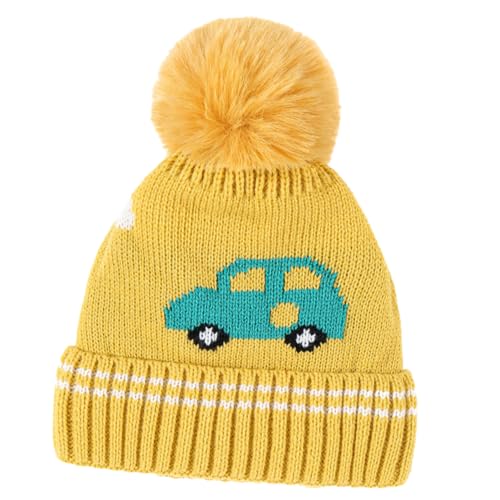 FRCOLOR Cartoon Baby Knit Winter Hat with Plush Pom Pom Warm Ear Warmer Beanie for Boys and Girls Cute Knitted Cap for Infant and Toddler Yellow