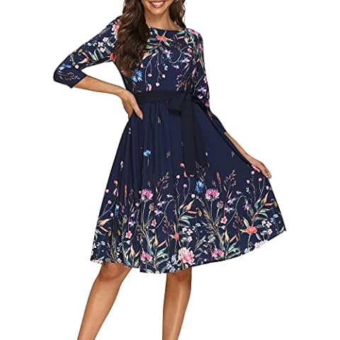 Simple Flavor Women's Vintage Floral Midi Dress 3/4 Sleeve Modest Flare A-Line Church Dress with Belt, Navy Blue, 8 Cover