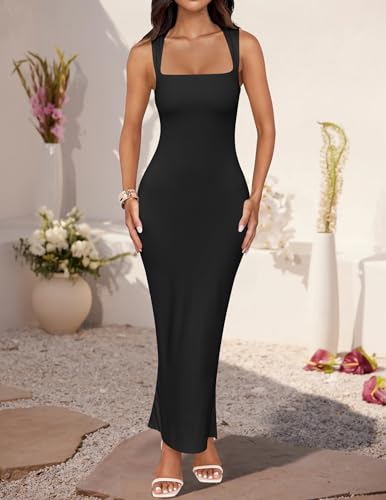 ZESICA Women's Summer Bodycon Midi Dress Sleeveless Square Neck Slim Fit Back Slit Long Cocktail Party Dresses3