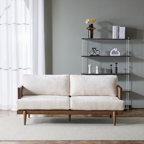 Christopher Knight Home Emir 3 Seater Sofa with Cushion, Sofa Chair with Cane Rattan and Wooden Frame, Spacious Seating Couch for Living Room/Bedrooms, Modern Slat Panel Sofa Couch, Walnut + Beige