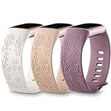 DaQin 3 Pack Sunflower Engraved Bands Compatible with Fitbit Charge 6/5, Cute Floral Soft Sport Waterproof Replacement Wristbands for Women & Men, Small