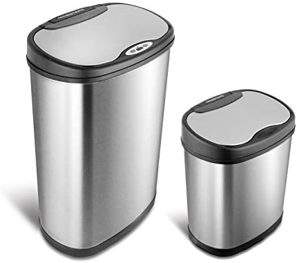 NINESTARS CB-DZT-50-13/12-13 Automatic Touchless Infrared Motion Sensor Trash Can Combo Set, 13 Gal 50L & 3 Gal 12L, Stainless Steel Base (Oval, Silver/Black Lid)