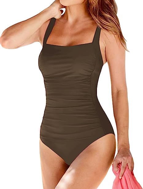 Brosloth Damen Badeanzug Badeanzüge Einteilige Bauchweg Bademode Swimsuit One Piece Push Up Badeanzüge Plus Size Badebekleidung Farbe: Kaffee, Groesse:L