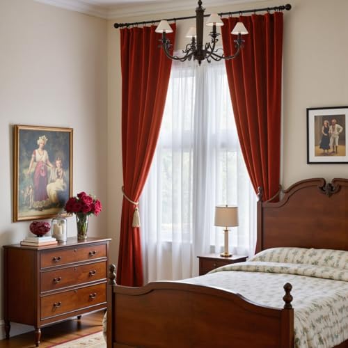 Image of Blackout Rust Red Velvet Curtains Rod Pocket 52x102 Inch 2 Panels | Soft Velvet, For Bedroom & Living Space, Light Shifting Texture, Elegant Luxury Drape, Charming, Rod Pocket