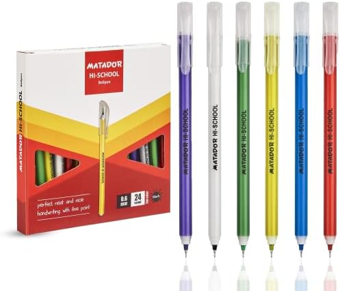 Matador HI-SCHOOL Ballpen, Fine-Point (0.6 mm), Black Ink, 6 different Colorful Bodies, Round Barrel Design, Smooth & Instant Writing, 24 Counts