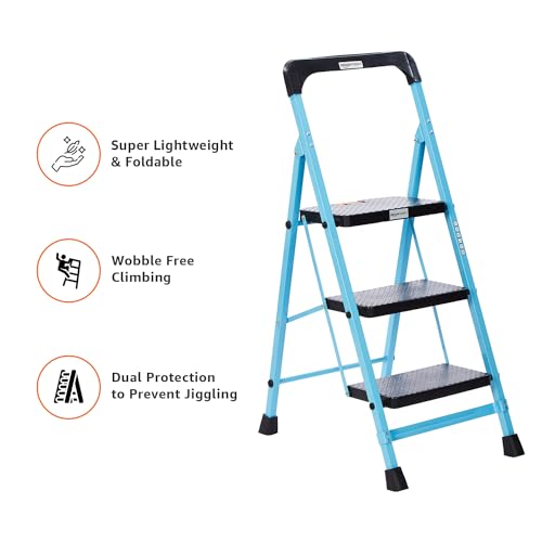Image of Amazon Basics - Foldable Step Ladder with Tool Tray, Safety-Clutch Lock, Ribbed Steps, Anti-Skid Rubber Shoes, 3 Steps (Iron Ladder, Black & Blue)