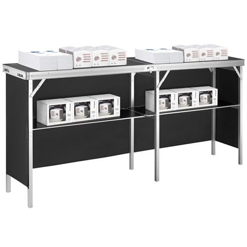 Image of VEVOR Extra Long Folding Portable Bar Tradeshow Podium Table for Indoor, Outdoor, Party, Picnic, Exhibition, Includes Carrying Case, Storage Shelf and Black Skirt, 77.95 inch x 15.16 inch x 34.65 inch