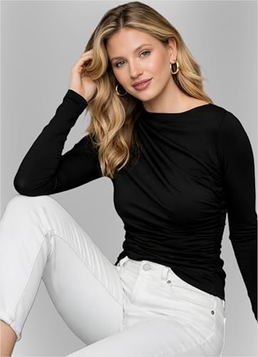 Image of SIGHTBOMB SOFTLINE Boat Neck Low Neck Drape Look Gathered Waterfall Afford LUX Edition Formal WEAR Long Sleeve Feather Touch TOP for Women