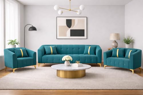 Image of Adorn India Premium Mystic - 3 Years Warranty - 3+2+1 Sofa Set Velvet Suede Fabric - Aqua Blue
