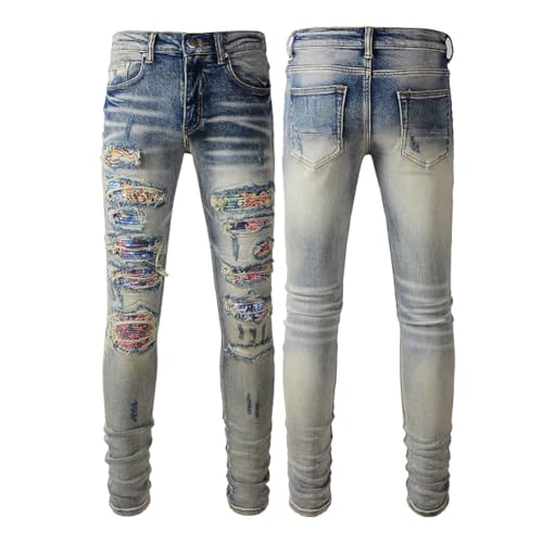 Mens Patchwork Denim Destroyed Biker Jeans Skinny Stretch Slim Distressed Ripped Stacked Wrinkled Pants Tapered - Main Image