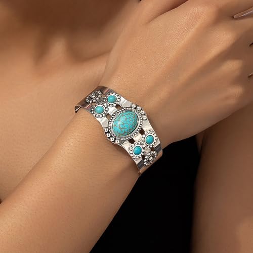 Bohemian Turquoise Cuff Bracelet for Women Vintage Court Style Open Bangle Gold Silver Turquoise Bracelet Adjustable Statement Birthday Wedding Party Jewelry2