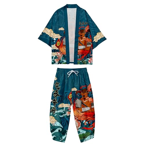 Image of DOSLAVIDA Men's Japanese Kimono Jacket Set Stylish Open Front Coat With Shorts Chinese Style Printed Cardigan Suit