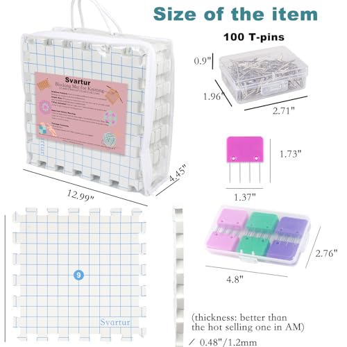 Image of Svartur Interlocking Blocking Mat for Knitting and Crochet Projects, 9 Pack Knitting Blocking Mats with Blocking Comb Pins, T-pins, Crochet Blocking Board, Knitting Mat with Grid Line, Storage Bag