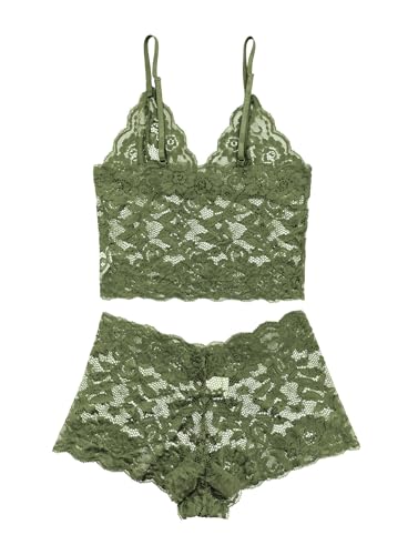 Image of Lilosy Sexy Sheer Floral Lace Pajamas Lingerie Set High Waist Sleepwear Bra and Panty 2 Piece Nightwear