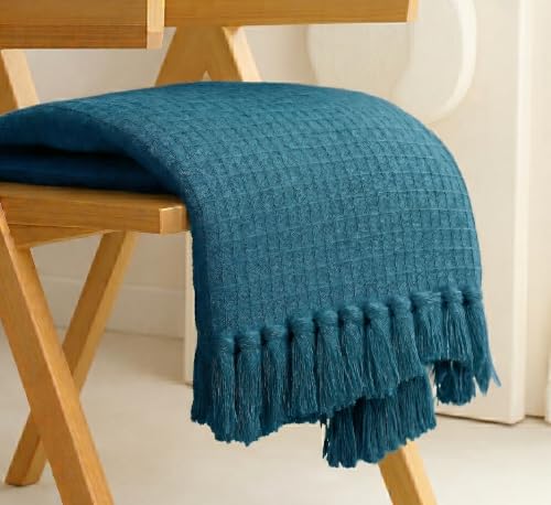 Image of Furnistitchs Bohemian Cotton Sofa Throw Blanket 50x60 inches | Waffle Knit & Chevron Pattern with Fringes | Aesthetic Decorative Couch Throw for Living Room & Bedroom (Teal)
