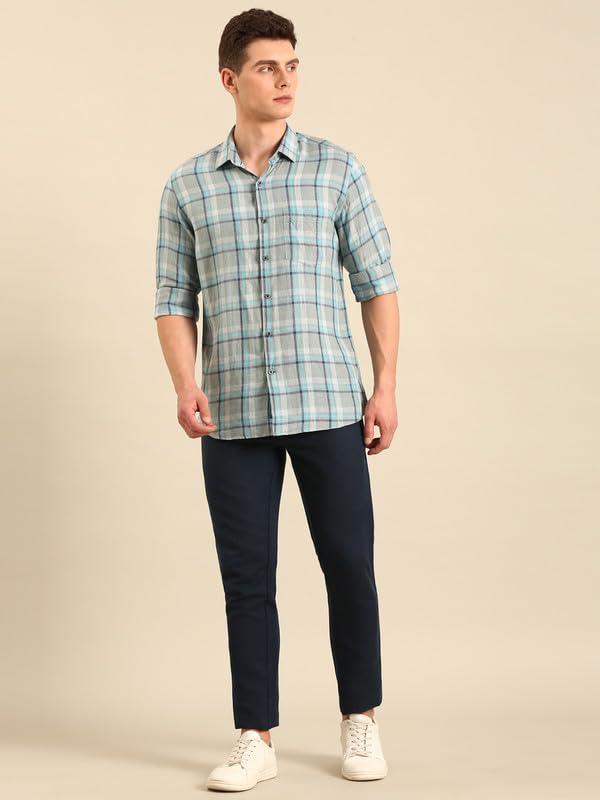 Image of Linen Club Men's Pure Linen Checked Contemporary Fit Full Sleeve Casual Shirt