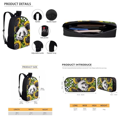 3 PCS Kids Backpack Set for Boys Girls, Panda Sunflower Kids School Backpack Set with Insulated Kids Lunch Bag Cute Pencil Case for Kids, Back to School Supplies, Yellow and Black3