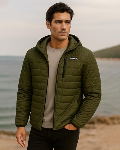 Image of Hurley Mens Puffer Jacket - Lightweight Packable Insulated Winter Coat for Men - Weather Resistant Quilted Outdoor Jacket