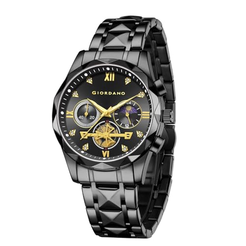 Image of Giordano Chronograph Analog Quartz Watch for Men with Round Dial, Multifunction Subdials, Sun Moon Display, Crystal Hour Markers, Roman Numerals, Stainless Steel Strap - GZ-50236