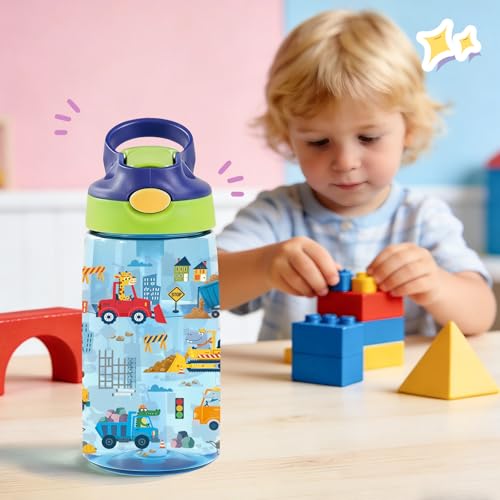 Image of 14oz Cute Cartoon Animals Kids Truck Water Bottle with Straw Lid - Vehicles Water Bottles for Kids, Leakproof, Lightweight, Durable Plastic Bottles for School, Construction Gift Cup for Teens