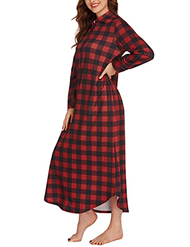 Ekouaer Women's Cotton Nightgown Long Sleeve Plaid Sleep Shirts Button Down Sleepwear with Pockets3