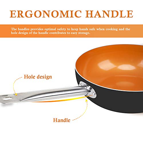 SHINEURI Copper 12 Inch Frying Pan, Wok and Stir Fry Pans with Lid, Nonstick Ceramic Copper Skillet with Stainless Steel Handle, Saute Pan for Cooking Saute Vegetables, Steaks, Induction Compatible