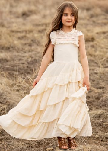 Girls Boho Cap Sleeve Elegant Linen Flower Round Neck Tiered Ruffle Swing Summer Wedding Party Maxi Dress2
