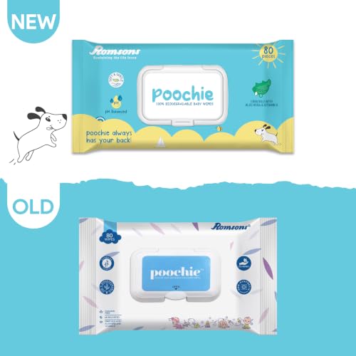 Image of Dignity Poochie 100% Biodegradable Baby Wipes Enriched with Aloe Vera and Vitamin E, 150 x 200 mm (Pack of 1) 80 Wipes