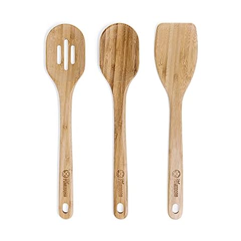 Chef Pomodoro Wooden Cooking Utensils 3-Piece Set, Bamboo | Large 31 cm / 12.5-Inch Spatula, Spoon, Slotted Spoon | Pan Kitchen Frying Set Cover