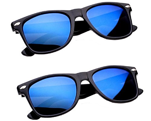 2 pairs gloss black classic 80's sunglasses with color mirror lens unisex